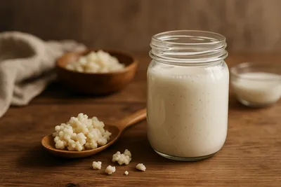 Kefirkorn og melk ved siden av en kalkulator