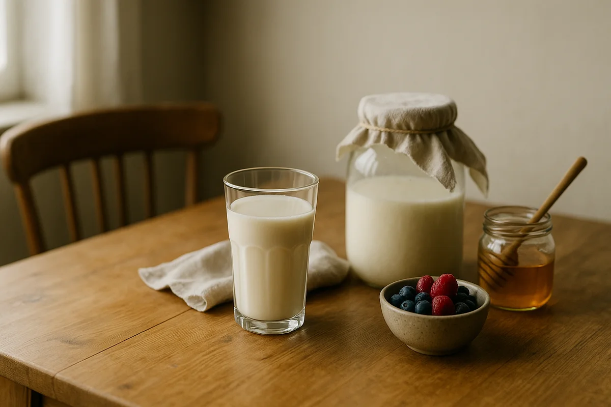 Fersk kefir i glass med kefir-korn